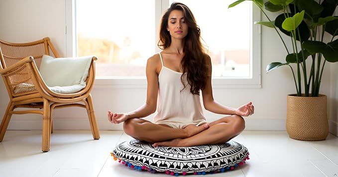 CRAFT KALA 32" Large Round Bohemian Floor Pillow Pouf Cover Mandala Meditation Room Pillow Cover for Adults Boho Seating Poufs Cushion Cover for Kids Playroom Black Hamsa Hand - Bloomnest