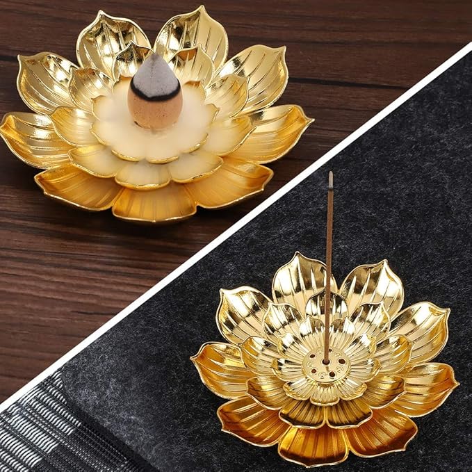 Accmor Zinc Alloy Incense Holder, Lotus Stick Incense Burner, Incense Holder for Stick/Coil/Cone Incense with Ash Catcher, Gold - Bloomnest