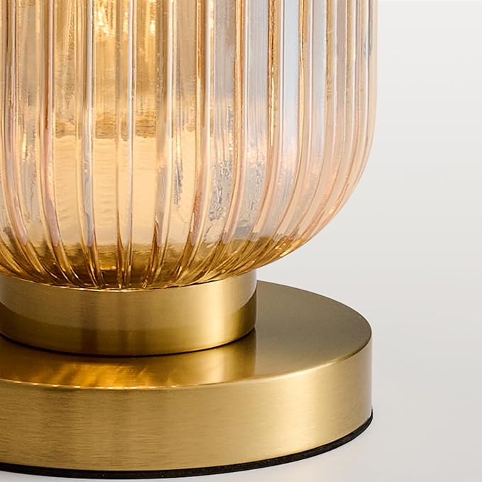 Mid Century Modern Table Lamp: Vintage Amber Ribbed Glass Globe Dimmable Plug in Small Bedside Lamps - Cute Brass Gold Side Table Lamp Nightstand Light for Bedroom Entryway Office Desk Living Room - Bloomnest