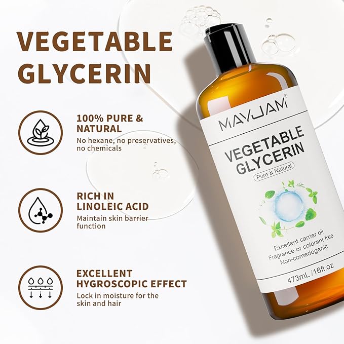 MAYJAM 100% Natural & Pure Vegetable Glycerine, 16 fl. oz. Vegetable Glycerin Liquid Body Oil for Skin, Face, Hair Care, Massage Oil for Moisturizing and Hair Benefits, Carrier Oil for Essential Oils - Bloomnest