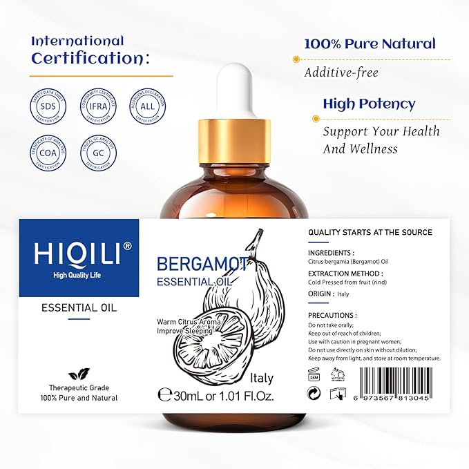HIQILI Bergamot Essential Oil for Diffuser, Skin, Hair, DIY, 100% Pure & Natural - 1.01 Fl Oz (30 mL) - Bloomnest