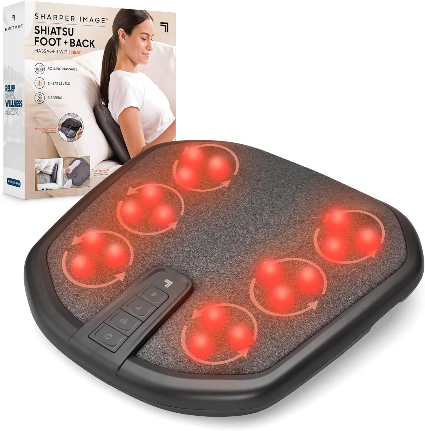 Sharper Image® Shiatsu Foot + Back Massager with Heat & Washable Cover| Portable Kneading Deep Tissue Massage Tool| Heating Pad Massage Pillow