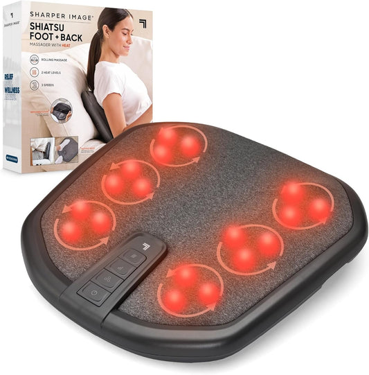 Sharper Image® Shiatsu Foot + Back Massager with Heat & Washable Cover| Portable Kneading Deep Tissue Massage Tool| Heating Pad Massage Pillow