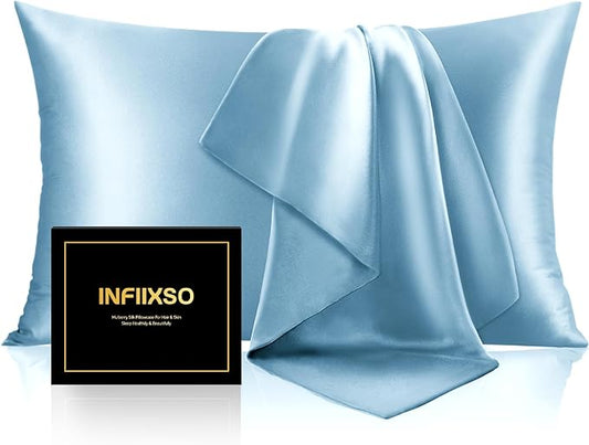 INFIIXSO Mulberry Silk Pillow Cases King Size Set of 2, Silk Pillowcase with Hidden Zipper 20"x36", Extraordinary Smooth and Soft Pillow Case for Hair and Skin(Light Blue, 2 Pack) - Bloomnest