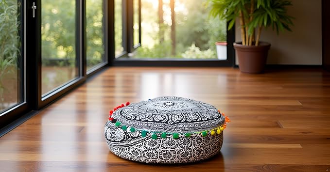 INDIAN CRAFT CASTLE ICC Mandala Barmeri Large Floor Pillow Cover Cushion Meditation Seating Ottoman Throw Cover Hippie Decorative Zipped Bohemian Pouf Ottoman Cases Black Elephant, 24" Round - Bloomnest