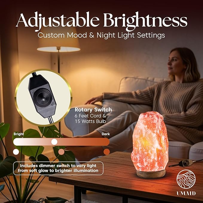 UMAID Himalayan Salt Lamp 8-10 inch (7-11 lb) with Dimmable Switch and Night Light Bulb on Handcrafted Wooden Base, Natural Pink Rock Salt Lamp - Bloomnest
