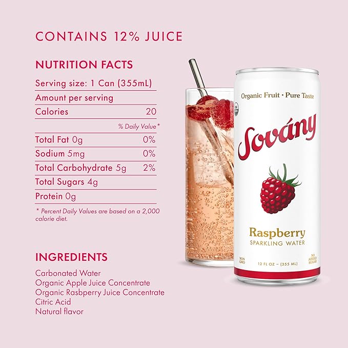 Sovány Sparkling Water, Raspberry, Seltzer Water Drinks, USDA Organic, Made With Real Fruit, Non-GMO, Vegan, No Added Sugar, Low Calorie, 12 fl oz, 12 Pack - Bloomnest