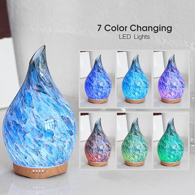 Porseme 280ml Essential Oil Diffuser Glass Color Changing Aroma Air Diffusers Aromatherapy Ultrasonic Cool Mist Humidifier 7 Running Hours Waterless Auto-Off for Sleeping Yoga Office Spa (Light Blue) Porseme