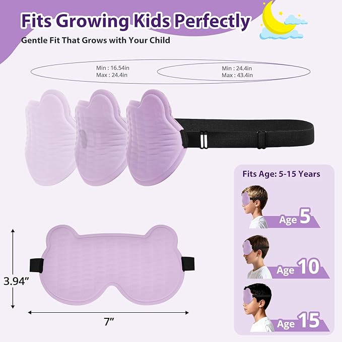 Kids Sleep Mask, 3D Sleeping Eye Mask for Kids with Adjustable Elastic Strap, Bear Shape Eye Cover with Memory Foam, Soft & Light-Blocking, Gift for Boys Girls Teens Age 5–15 (Purple) - Bloomnest