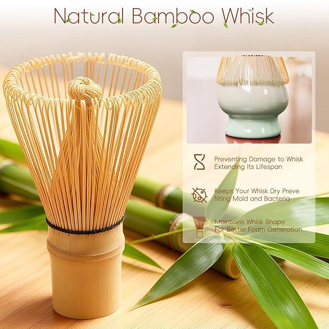 Matcha Whisk Set, Ceramic Matcha Set Includes Bowl & Holder, Bamboo Whisk (Chasen), Scoop, Spoon and Sifter, 6PCS Matcha Kit Covers Everything Needed for Making Matcha (Green) - Bloomnest