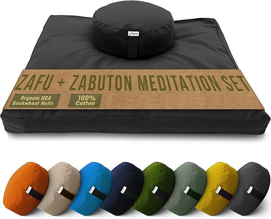 Bean Products Meditation Cushion Mat Set - Zafu Floor Pillow Organic Buckwheat Pillow + Cotton Filled Zabuton Prayer Pad - Meditation Pillow Yoga Knee Pad - Made in USA - 14" Round or 18" Oval