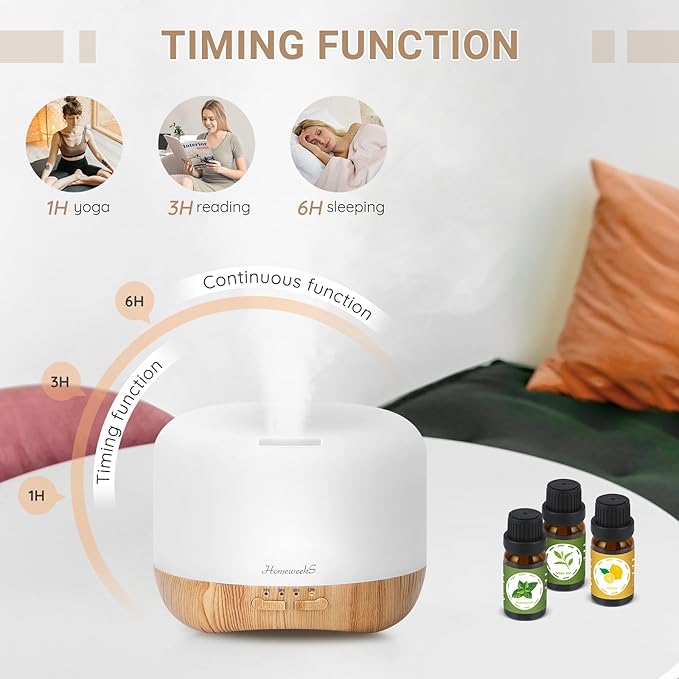 Homeweeks 300ml Essential Oil Diffuser, Quiet Aromatherapy Mist Diffusers for Essential Oils, Wood Grain, Ultrasonic, Remote Control, Timer, 7 Colors Light for Bedroom (300ml) - Bloomnest