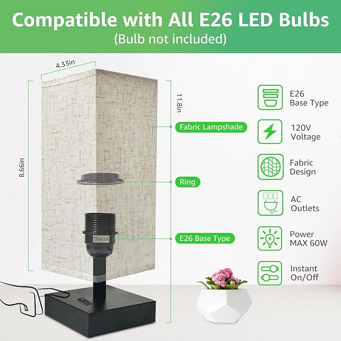 Small Lamp for Bedroom, Bedside Lamps for Night Stands, Mini Minimalist Table Lamp With Square Flaxen Fabric Shade, 11 Inch Desk Reading Lamp for Dorm Living Room Office, 1 Pack - Bloomnest