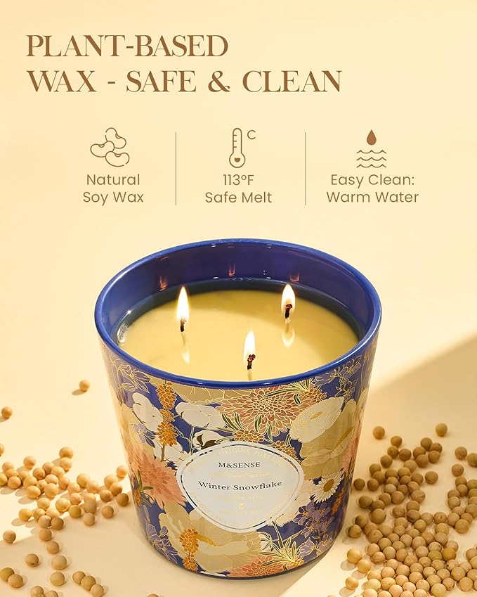 M&SENSE Winter Snow Flake Scented Candle, 28.2oz 3 Wick Natural Soy Wax Large Candles, Long Lasting Clean Slow Burning No Toxic Décor for Home Relaxation, Romantic Dates & Gift-Giving - Bloomnest