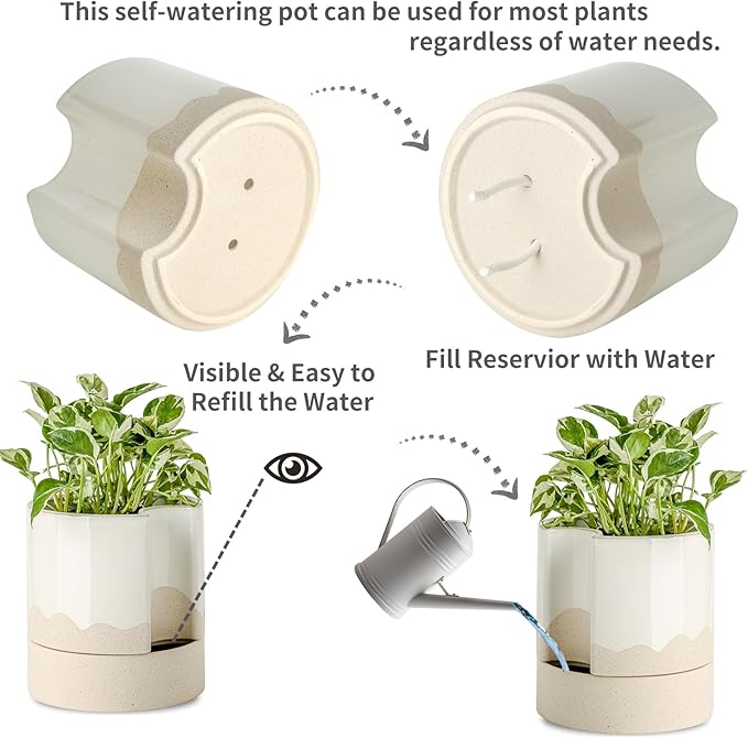 Nihow Self Watering Plant Pot: 8 Inch Ceramic Planter with Drainage Hole & Water Storage Plus for Indoor & Outdoor Plants - Cylinder Round Flower Pot for Succulent/Herbs/Violets - White & Wave Nature - Bloomnest