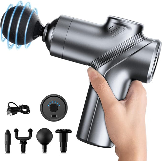 Deep Tissue Mini Massage Gun, Muscle Percussion Massager for Athletes, 4 Massages Head and 6 Speeds for Pain Relief, Grey - Bloomnest