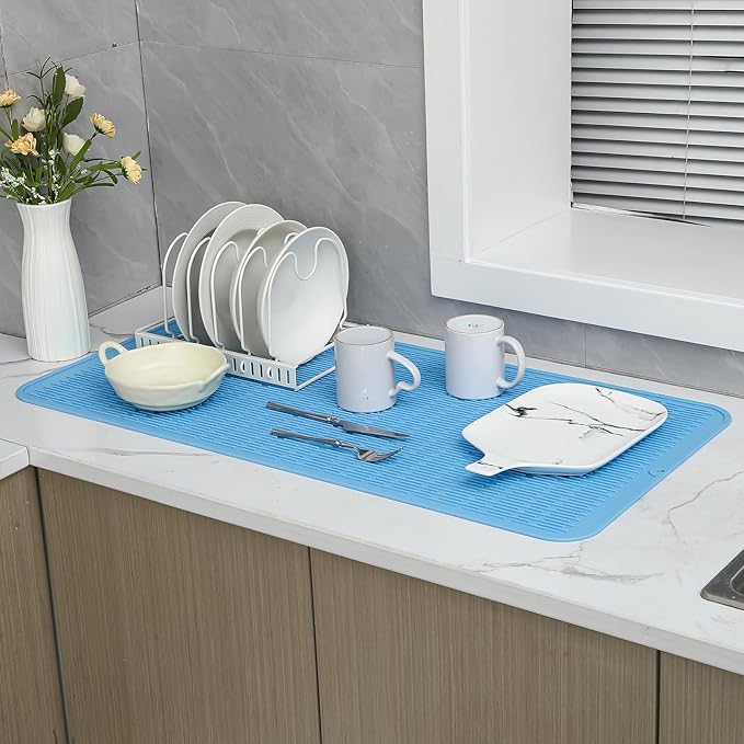 Silicone Dish Drying Mat for Multiple Usage,Easy clean,Eco-friendly,Heat-resistant Silicone Mat for Kitchen Counter or Sink,Refrigerator or Drawer Liner Light Blue 5XL 36inches x 18inches - Bloomnest