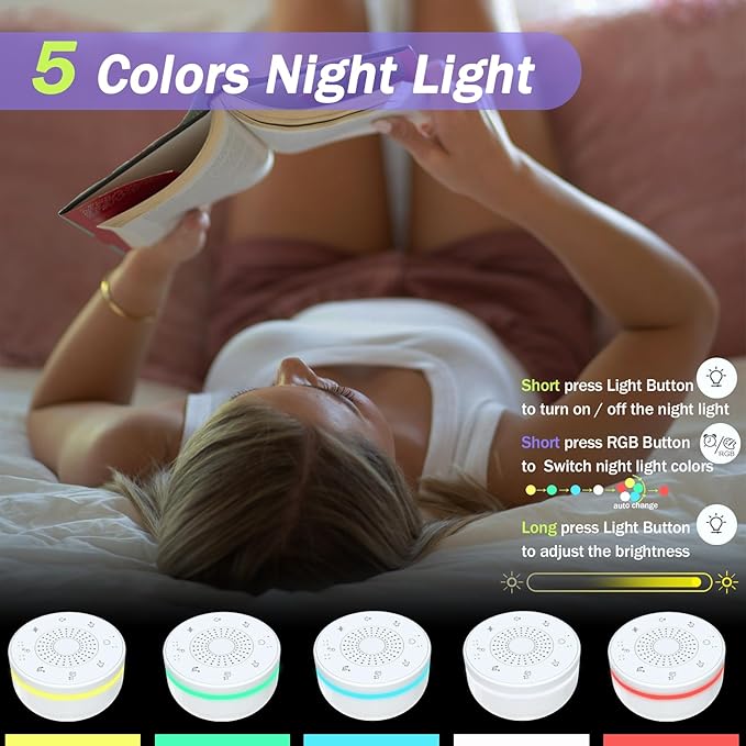 Portable White Noise Sound Machine with 30 Soothing Sounds,5 Color Night Light,3 Timers, Memory Function, Child Lock, White Noise Machine for Baby Adults Kids Sleeping Travel Office Privacy - Bloomnest
