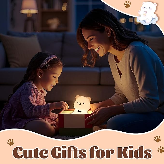 Attivolife Teddy Bear Night Light for Kids, Baby Nursery Beside Silicone Lamp, Protable USB Rechargeable Kids' Bedroom Nightlight with 8 Color Lights, Birthday Christmas Gifts for Girl Boy Children - Bloomnest
