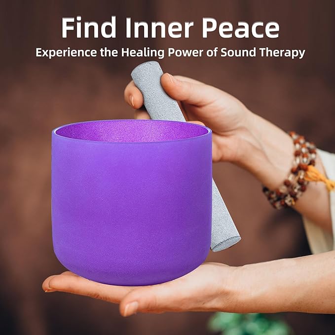 8 Inch Purple B Note 432hz Crown Chakra Crystal Singing Bowl Healing with Carrying Case and Rubber Mallet Suede Strikers Oring - Bloomnest