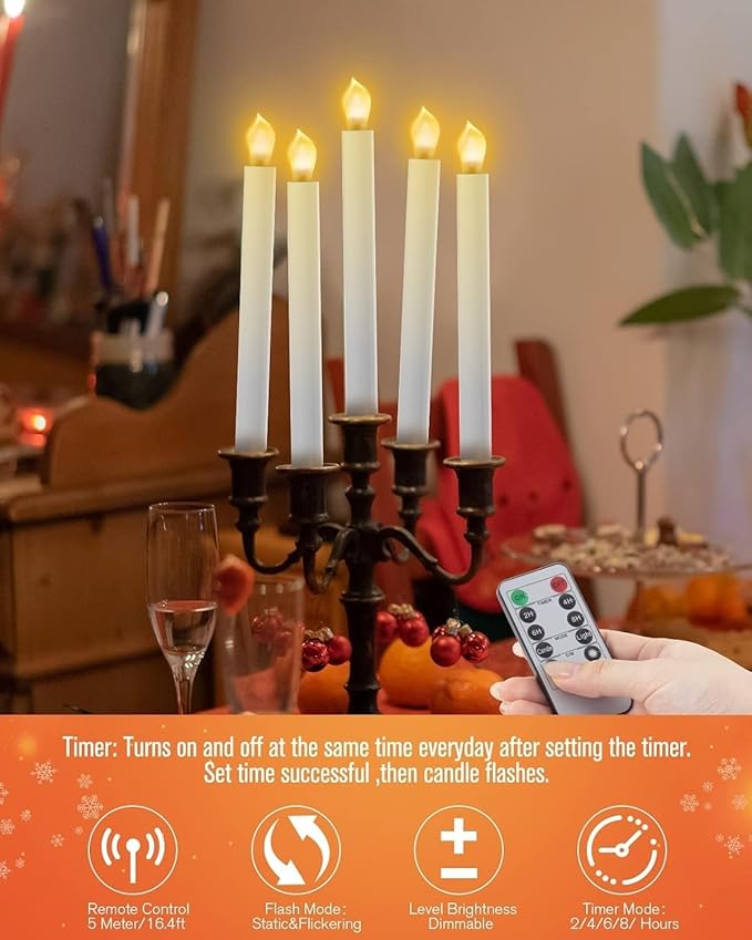 RONXS LED Window Candles With Timer, Flickering Flameless Taper Candles With Remote, Battery Operated, Indoor Christmas Decorations (6 Pcs Gold) - Bloomnest