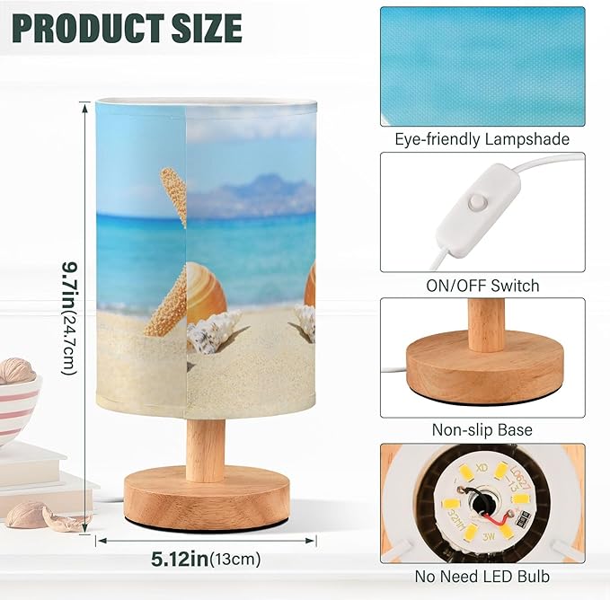 Table Lamp Ocean Beach Starfish Seashell Stone Blue Sky Nightstand Lamp with Wood Base Fabric Lamp Shade Bedside Desk Lamp for Living Room Bedroom Kids Room Office - Bloomnest