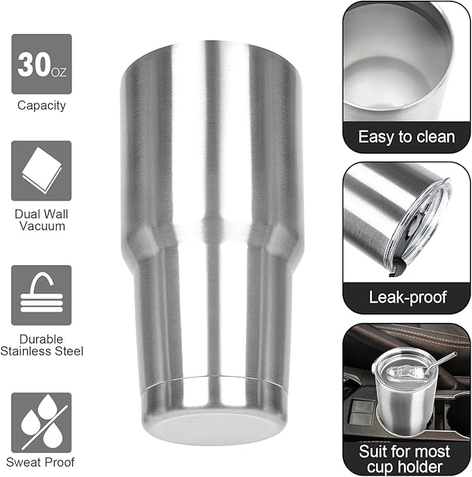 30 oz Tumbler with Lids and Straws Double Wall Insulated Tumbler Cup,Stainless Steel Leak-proof Thermal Coffee Tumbler Powder Coated Travel Mug for Cold and Hot Beverages,Silver - Bloomnest