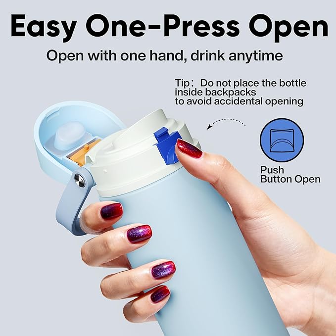 Insulated Water Bottle with Straw - Encool Stainless Steel Water Bottle with Push Button Lid, Leak-Proof & BPA-Free, Keeps Cold for 24 Hours for Sports, Travel, Gym (24 oz, Hazy Blue-Blue) ENCOOL
