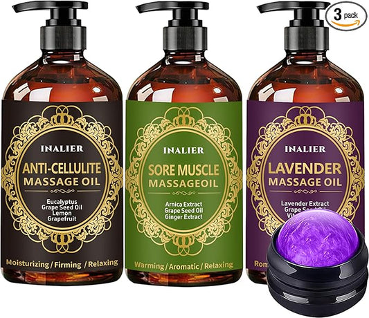 Massage Oils for Massage Therapy,Massage Kit Gifts for Women Men with Arnica, Lavender,Spa Gifts,3 Pack Cellulite,Sore Muscle & Lavender Massage Oils with Massage Ball