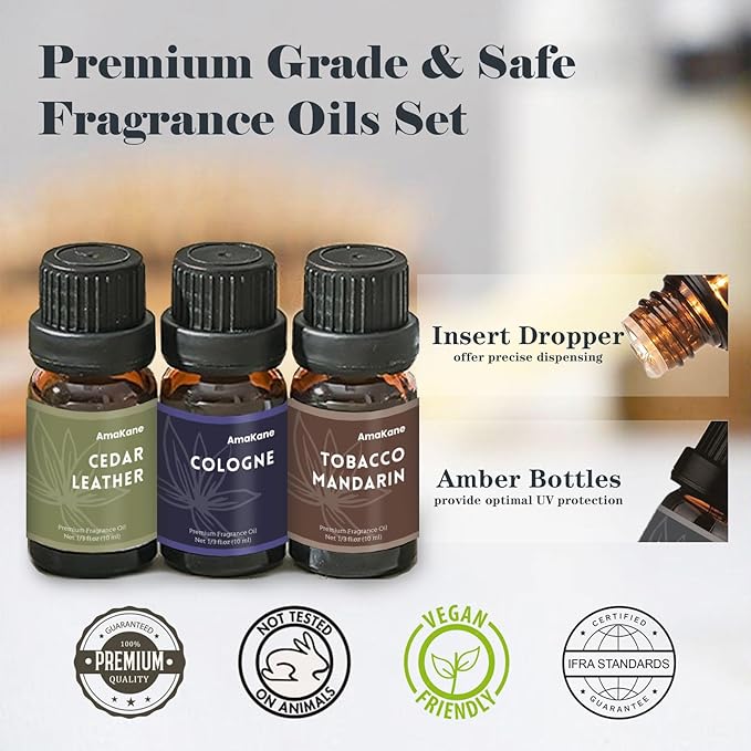 AmaKane Fragrance Oils, Masculine Essential Oils for Men, Candle Scents for Candle Making, Fragrance Oil for Soap Making, Diffuser Oils Scents 6x10 ml, Sandalwood, Cedar Leather, Woody Oud, More - Bloomnest