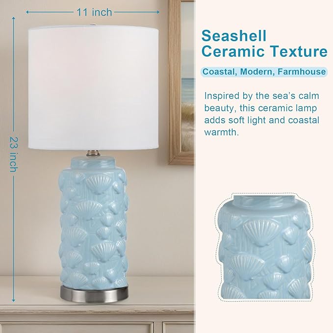 Crestview Collection Ceramic Coastal Table Lamp,23" Blue Seashell Lamp with Linen Shade, Ocean Nautical Home Decor for Nightstands or End Tables, Beach Style Lamp for Bedroom, Living Room, or Entryway - Bloomnest