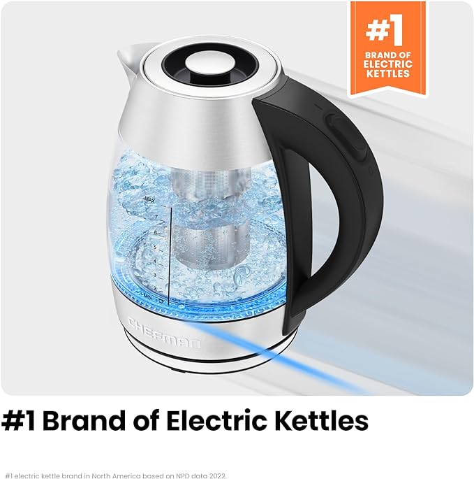 Chefman Electric Kettle for Boiling Water, 1.8L 1500W, Removable Tea Infuser, Auto Shut Off, Boil-Dry Protection, BPA Free, Borosilicate Glass, Hot Water Boiler, Electric Tea Kettle - Stainless Steel - Bloomnest