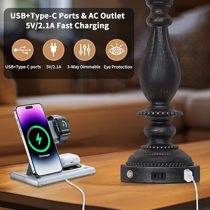 28" Tall Farmhouse Table Lamps for Living Room Set of 2,Vintage Rustic Black Bedside Touch Lamp with USB C+A Ports & AC Outlet, 3-Way Dimmable Resin Nightstand Lamp for Bedroom Entryway Office - Bloomnest