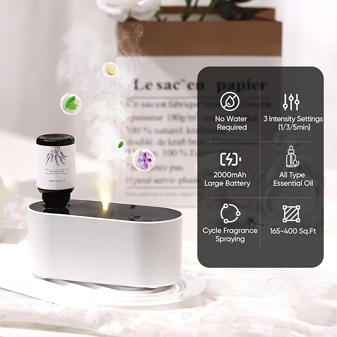 Waterless Diffuser for Essential Oil, Battery Operated Scent Air Aromatherapy Diffuser, Mini Aroma Diffusers with 3 Intermittent Mist Modes, Cycle Start for 400-700 sq.ft Home Office Bedroom. - Bloomnest