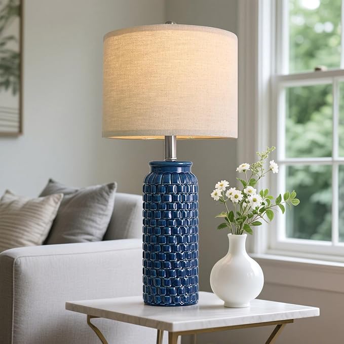 24 inches Modern Ceramic Dark Blue Bedside Lamp Set of 2 for Bedroom Decor Farmhouse Table Lamp for Living Room Office Dorm - Bloomnest