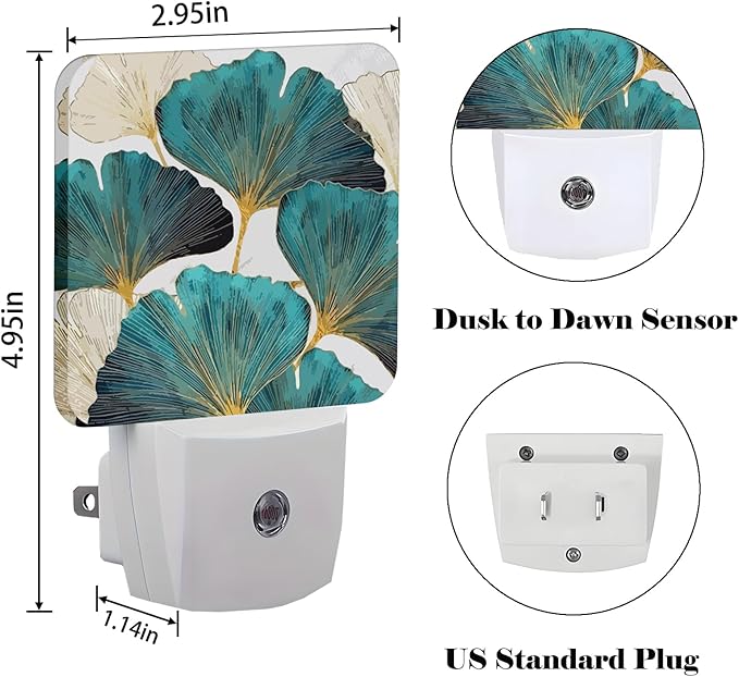 Green Ginkgo Leaves Night Light,Plug Into Wall Decor for Stairway,Hallway,Kitchen,Dusk to Dawn Sensor Nightlights for Boys/Girls/Women/Men Room Gifts - Bloomnest