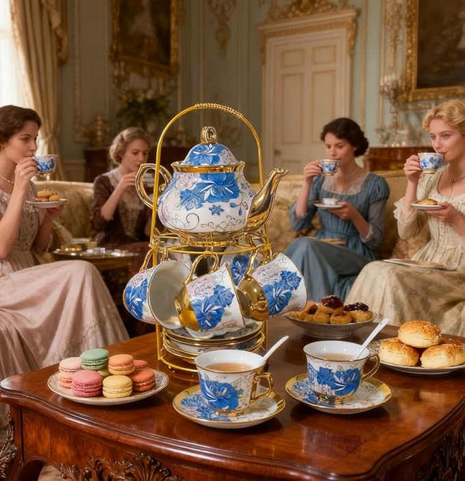 CHANJOON Gold Plated Red Rose Ceramic Tea Set, Vintage Tea Sets with Teapot, Beautiful Tea Set Coffee Serving 6 People (Blue Rose, large) - Bloomnest