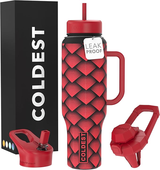 Coldest Tumbler with Handle and Straw, 100% Spill Proof Tumbler with Straw (3 Lids), Stainless Steel Insulated Leakproof Tumblers for Women Men, Cup Holder Friendly, 46 oz (Red Dragon) - Bloomnest