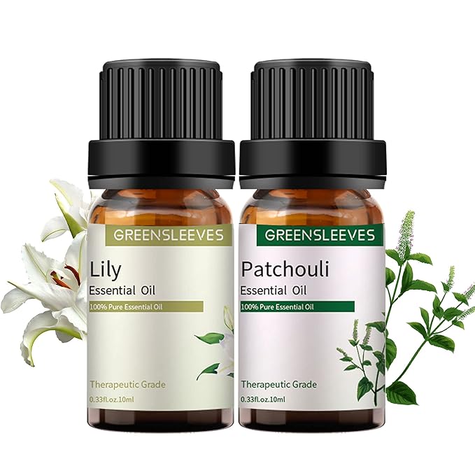 GREENSLEEVES Patchouli Lily Essential Oil Set, 2 x 10ml Pure Plant-Based Fragrance Oil for Aromatherapy, Essential Oils for Diffuser, Massage, Bath Bomb, Scented Candle Soap Making GREENSLEEVES