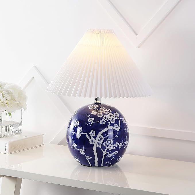 JONATHAN Y JYL5056C Shishen 19.5" Cottage Classic Chinoiserie Ceramic Orb LED Table Lamp with Pleated Shade, Navy/White for Bedroom, Living Room, Kitchen, Home Office, Kids Room - Bloomnest