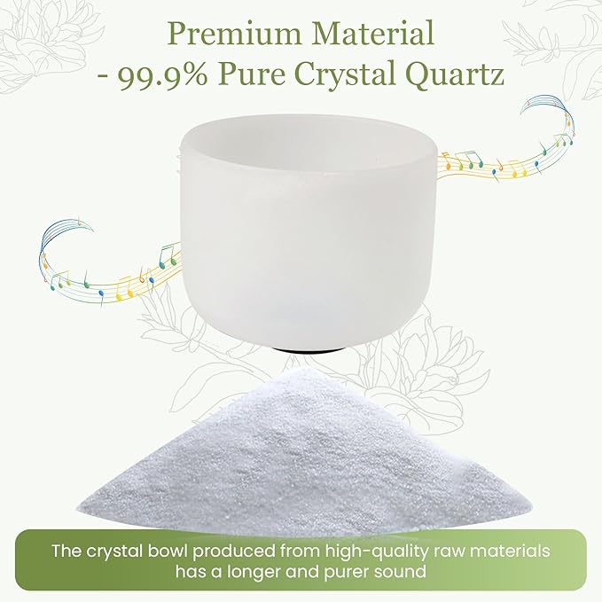 432HZ 10 Inchs Frosted Crystal Singing Bowl Set for Meditation Healing Yoga Chakra Quartz Crystal Sound Bowls with Heavy Duty Carry Case and Rubber Mallet,Suede Striker,O-rings - Bloomnest