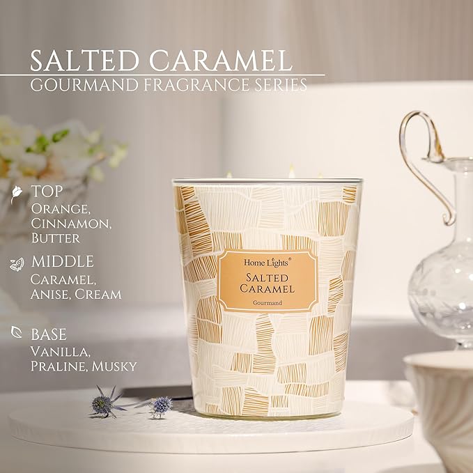 HomeLights Large jar Candle | 3-Wick Long-Lasting Scented Candles, 34oz Natural Soy Wax Candle for Home Scented, Rustic Modern Gifts for Women & Men, Salted Caramel - Bloomnest