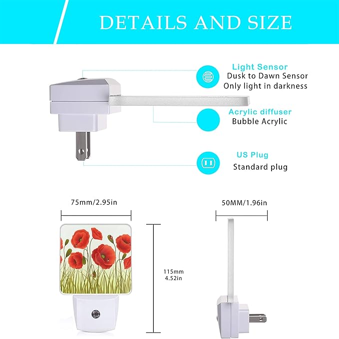 Red Flowers Night Light,Red Poppy Flowers and Ladybugs Plug-in Night Lights with Dusk-to-Dawn Sensor for Stairway/Hallway/Bedroom Sleep Friendly lamp for Women/Girls/Boys Gift,0.5W - Bloomnest