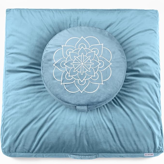 Hihealer Meditation Cushion Set Large Velvet Floor Pillow & Traditional Tibetan Yoga Bolster for Adults Zafu Meditation Mat with Buckwheat Filling - Bloomnest