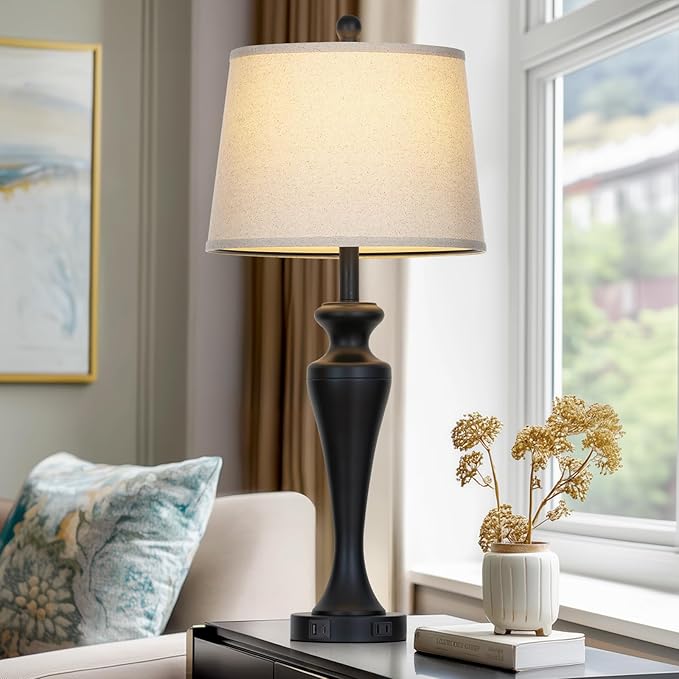30 Inch Black Table Lamp Single, 3-Way Dimmable Touch Control Living Room Lamps with USB A+C Ports and AC Outlet, Tall Bedside Lamps for Nightstand, Modern Metal Bedroom Lamp, Bulb Included - Bloomnest