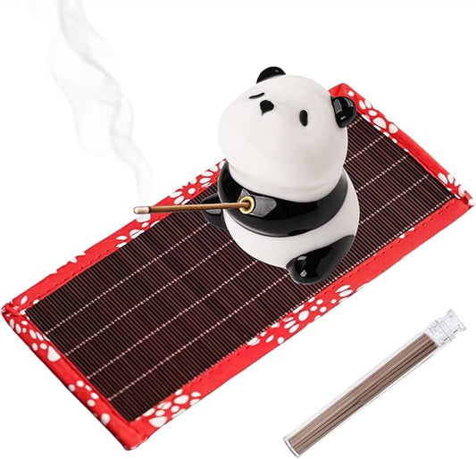 Handmade Ceramic Panda Incense Holder | Extra-Long Bamboo Mat & Sandalwood Sticks | Zen Home Decor | Yoga & Meditation Essentials (Panda) - Bloomnest