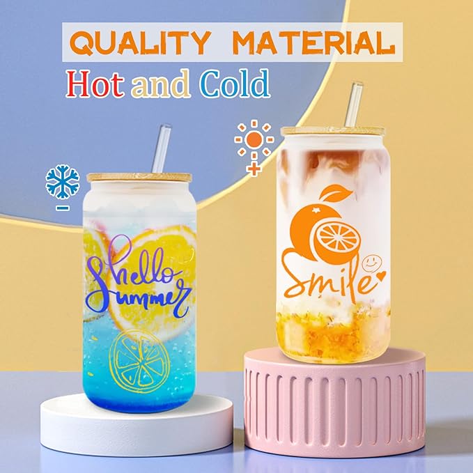 12 pack Sublimation Glass Cups, Frosted 16oz Blanks Beer Can Borosilicate Glasses Tumbler with Bamboo Lids and Straws for Beer, Juice, Soda, Iced Coffee - Bloomnest