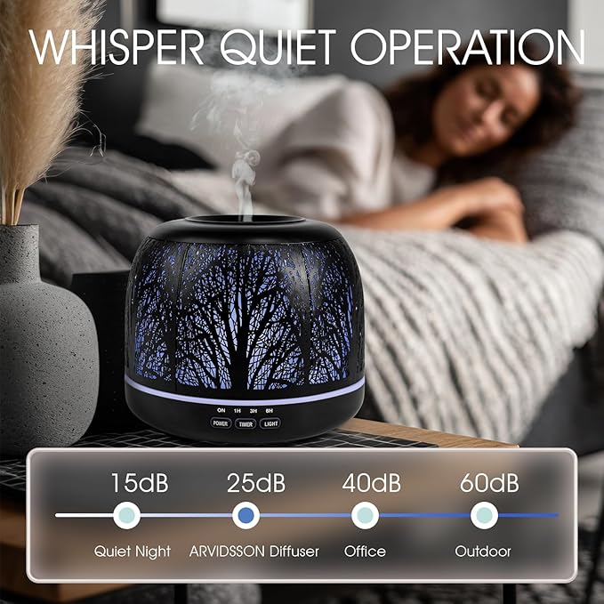 ARVIDSSON 500ml Essential Oil Diffuser, Metal Diffusers for Essential Oils, Aromatherapy Diffuser for Large Room, Color Mood Light & Mist Timer Setting, Gift for Women - Black Tree - Bloomnest