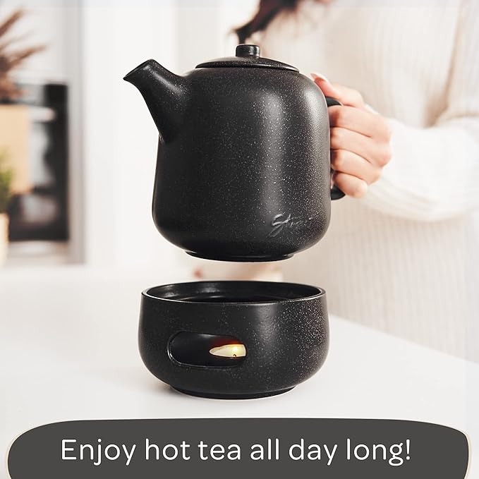 Steinzeit Design Tea Pot with Warmer (44 oz) - Premium Ceramic Teapot with Infuser for Loose Tea - Black Teapot Ceramic with Removable Steamer - Bloomnest