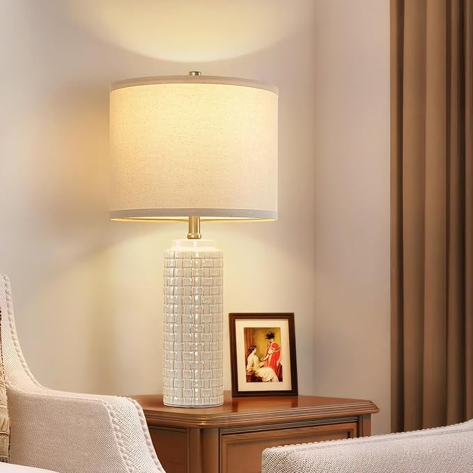 Luvkczc 24.8" Modern Ceramic Bedside Lamp Set of 2, 3 Color Temperature&Bulbs Included - Farmhouse Nightstand Lamps for Living Room Bedroom End Table Office Entryway - Bloomnest